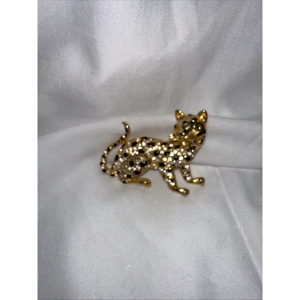 Vintage Gold-tone Black Enamel‎ Leopard Pin Brooch Green Eyes C937